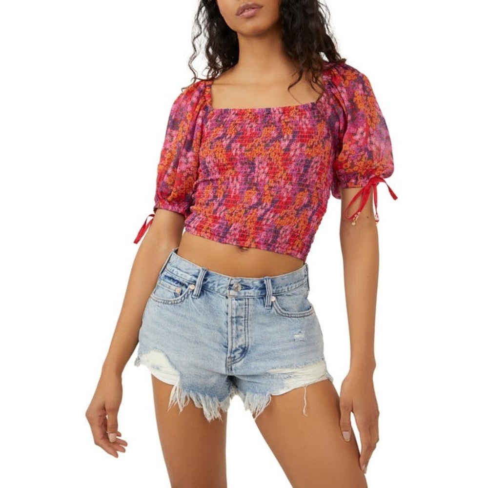 Free People Back on Top Crop OB1505273 Women's XS Hot Pink Smocked Puff Sleeve